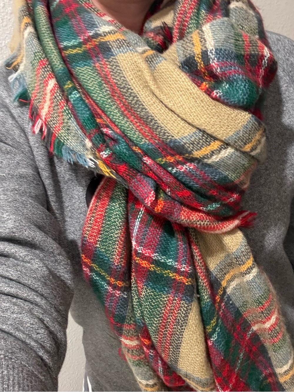 Soft Warm Plaid Blanket Scarf with red, green, beige, tartan fringe